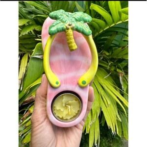 Dennis East 2005 Ceramic Flip Flop Tealight Holder Pink Palm Tree Beach Decor